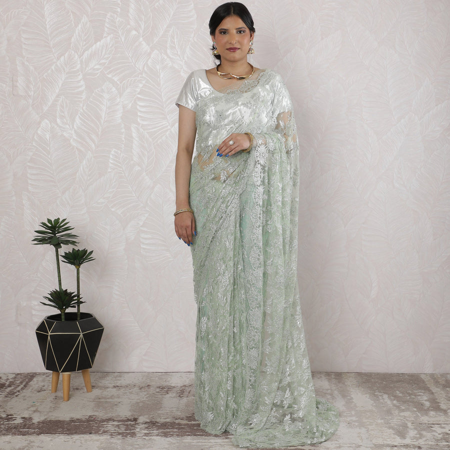 Elegant French Metallic Chantilly Lace Saree with Stone Work in Soft Silver mint - 5.5 Mtrs, 110 cm-D19522