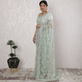 Elegant French Metallic Chantilly Lace Saree with Stone Work in Soft Silver mint - 5.5 Mtrs, 110 cm-D19522
