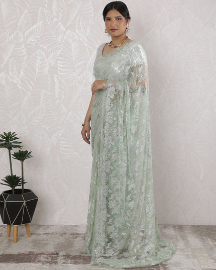 Elegant French Metallic Chantilly Lace Saree with Stone Work in Soft Silver mint - 5.5 Mtrs, 110 cm-D19522