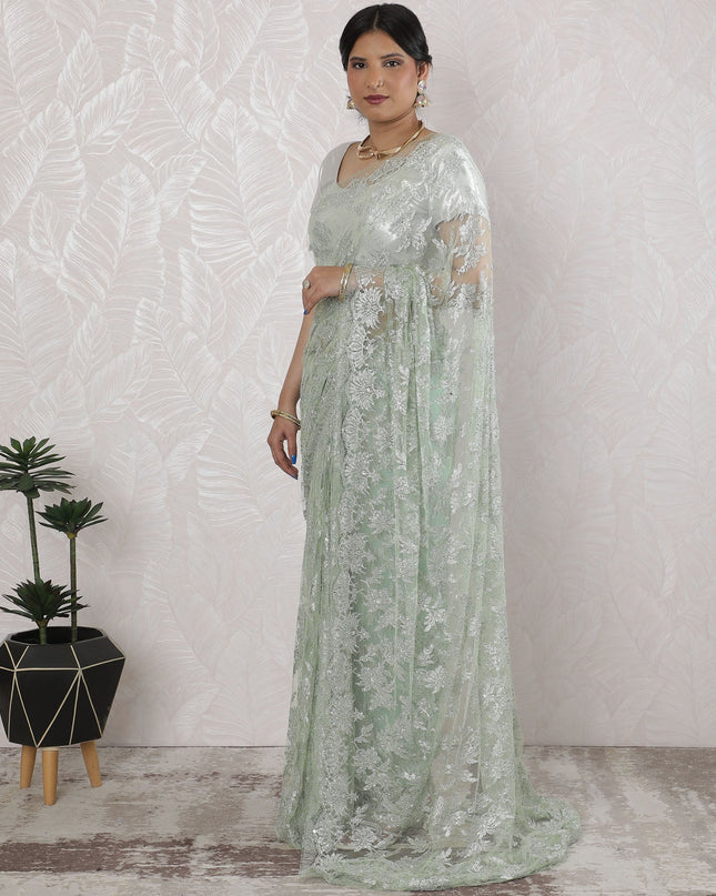 Elegant French Metallic Chantilly Lace Saree with Stone Work in Soft Silver mint - 5.5 Mtrs, 110 cm-D19522