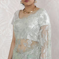 Elegant French Metallic Chantilly Lace Saree with Stone Work in Soft Silver mint - 5.5 Mtrs, 110 cm-D19522