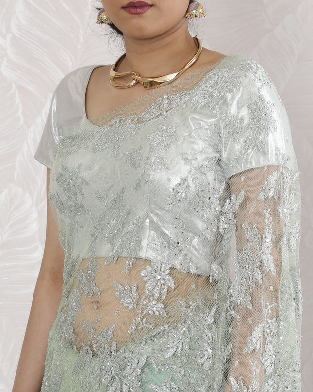 Elegant French Metallic Chantilly Lace Saree with Stone Work in Soft Silver mint - 5.5 Mtrs, 110 cm-D19522