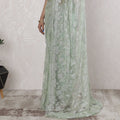 Elegant French Metallic Chantilly Lace Saree with Stone Work in Soft Silver mint - 5.5 Mtrs, 110 cm-D19522