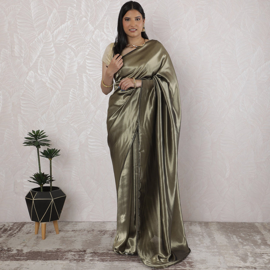 Elegant French Lame Saree in Lustrous Black gold - 5.5 Mtrs, 110 cm-D19525