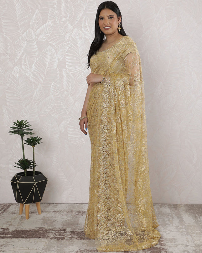 Elegant French Metallic Chantilly Lace Saree in Radiant Gold - 5.5 Mtrs, 110 cm-D19526 Regal Fabrics