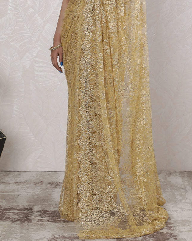 Elegant French Metallic Chantilly Lace Saree in Radiant Gold - 5.5 Mtrs, 110 cm-D19526 Regal Fabrics