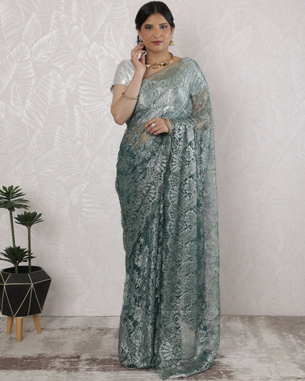 Elegant French Metallic Chantilly Lace Saree in Teal Green - 5.5 Mtrs, 110 cm-D19527