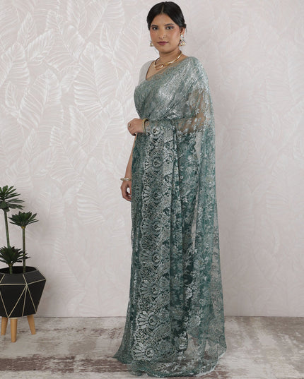 Elegant French Metallic Chantilly Lace Saree in Teal Green - 5.5 Mtrs, 110 cm-D19527