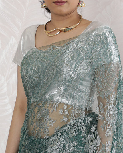 Elegant French Metallic Chantilly Lace Saree in Teal Green - 5.5 Mtrs, 110 cm-D19527