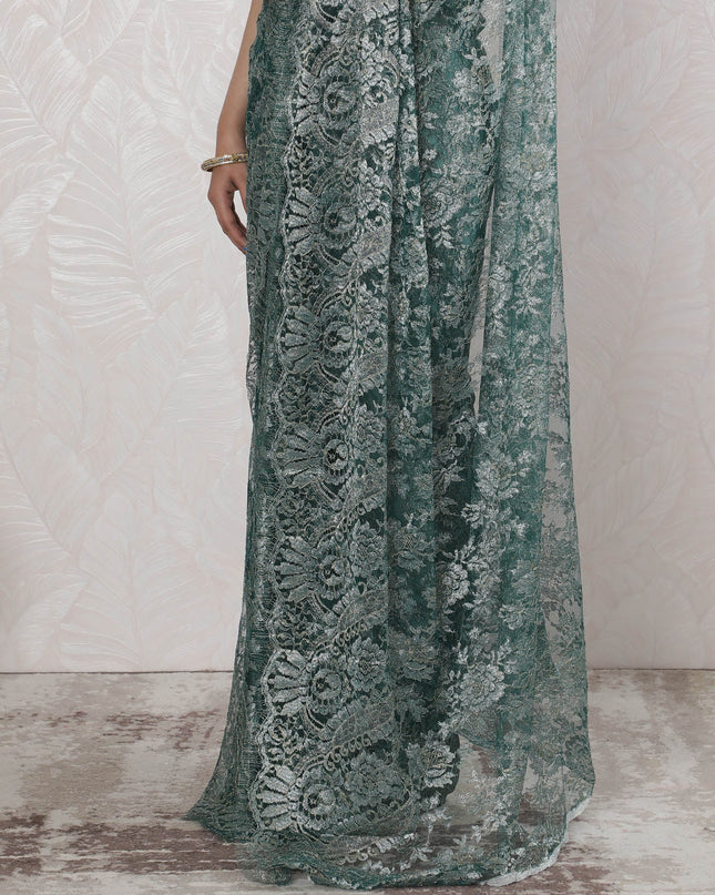 Elegant French Metallic Chantilly Lace Saree in Teal Green - 5.5 Mtrs, 110 cm-D19527