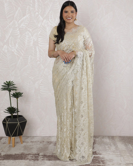 Elegant French Metallic Chantilly Lace Saree with Stone Work in Ivory Gold - 5.5 Mtrs, 110 cm-D19528