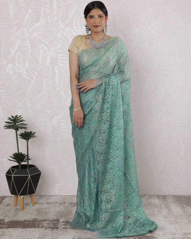 Elegant French Metallic Chantilly Lace Saree in Mint Green - 5.5 Mtrs, 110 cm-D19529 Regal Fabrics