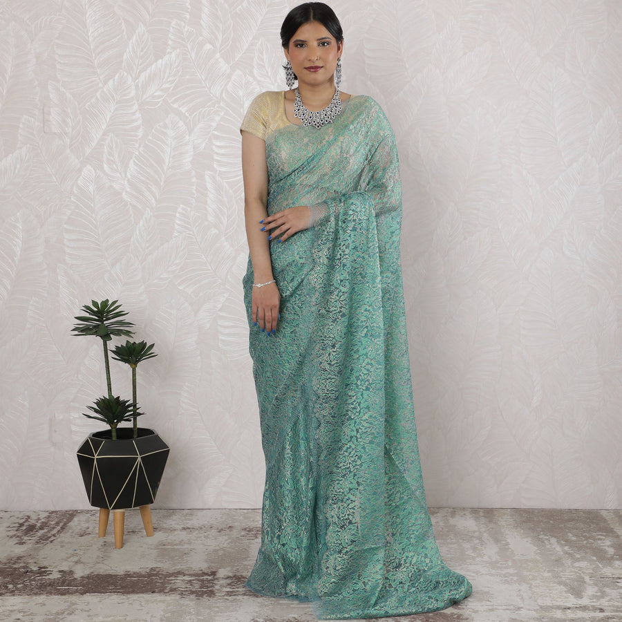 ساري دانتيل شانتيلي معدني فرنسي أنيق باللون الأخضر النعناعي - 5.5 متر، 110 سم-D19529