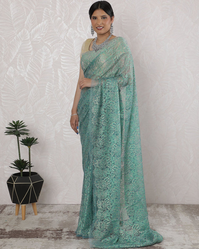 Elegant French Metallic Chantilly Lace Saree in Mint Green - 5.5 Mtrs, 110 cm-D19529 Regal Fabrics
