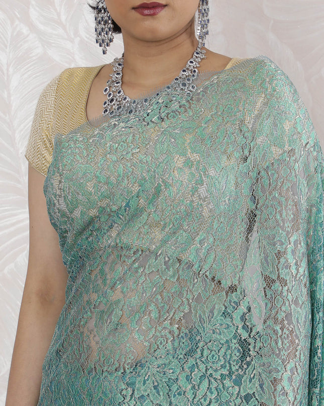 Elegant French Metallic Chantilly Lace Saree in Mint Green - 5.5 Mtrs, 110 cm-D19529 Regal Fabrics
