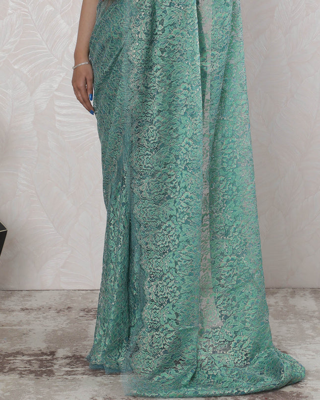 Elegant French Metallic Chantilly Lace Saree in Mint Green - 5.5 Mtrs, 110 cm-D19529 Regal Fabrics