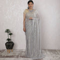 Elegant French Metallic Chantilly Lace Saree in Silver - 5.5 Mtrs, 110 cm-D19530