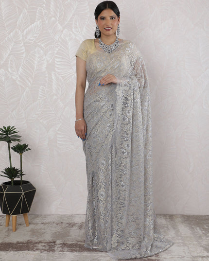 Elegant French Metallic Chantilly Lace Saree in Silver - 5.5 Mtrs, 110 cm-D19530