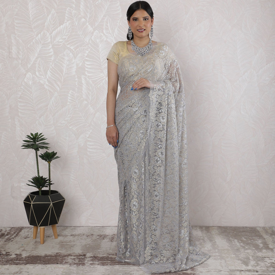Elegant French Metallic Chantilly Lace Saree in Silver - 5.5 Mtrs, 110 cm-D19530