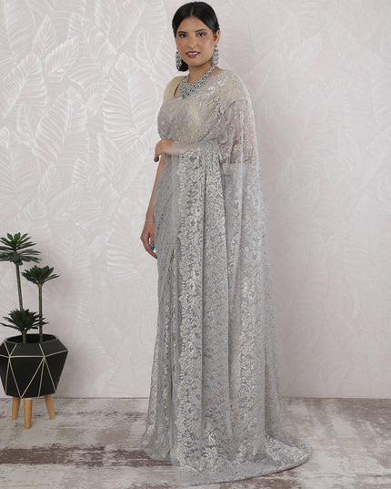 Elegant French Metallic Chantilly Lace Saree in Silver - 5.5 Mtrs, 110 cm-D19530