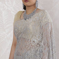 Elegant French Metallic Chantilly Lace Saree in Silver - 5.5 Mtrs, 110 cm-D19530