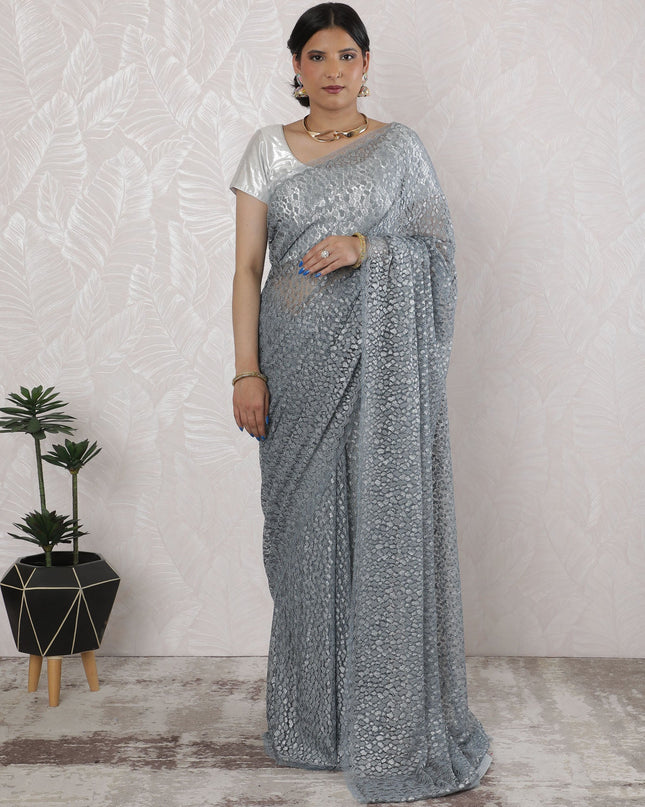 Elegant French Metallic Chantilly Lace Saree in Steel Grey - 5.5 Mtrs, 110 cm-D19531