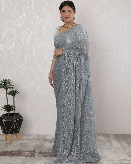 Elegant French Metallic Chantilly Lace Saree in Steel Grey - 5.5 Mtrs, 110 cm-D19531