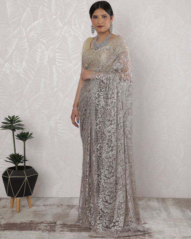 Elegant French Metallic Chantilly Lace Saree with Stone Work in Platinum silver brown - 5.5 Mtrs, 110 cm-D19532 Regal Fabrics