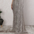 ساري دانتيل شانتيلي معدني فرنسي أنيق مع أعمال حجرية باللون البني الفضي البلاتيني - 5.5 متر، 110 سم -D19532