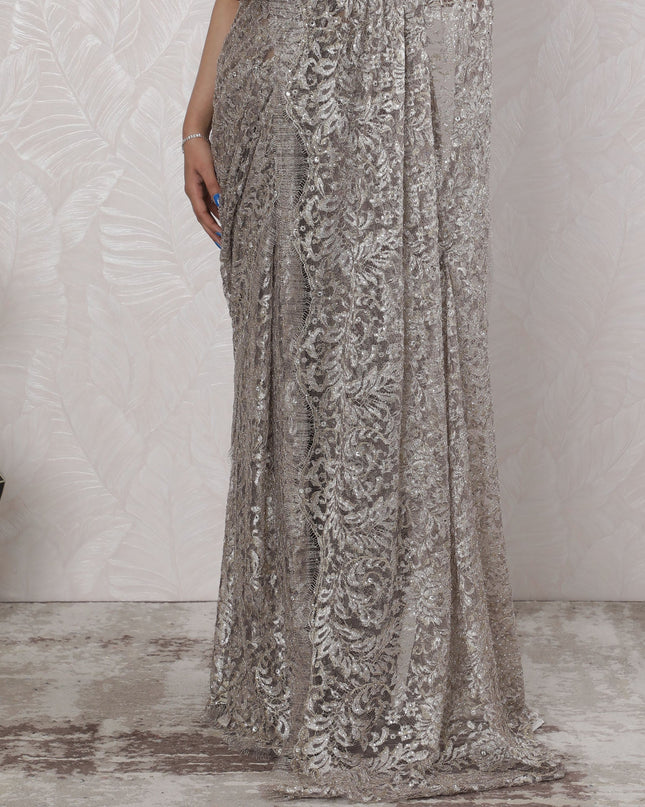 Elegant French Metallic Chantilly Lace Saree with Stone Work in Platinum silver brown - 5.5 Mtrs, 110 cm-D19532 Regal Fabrics