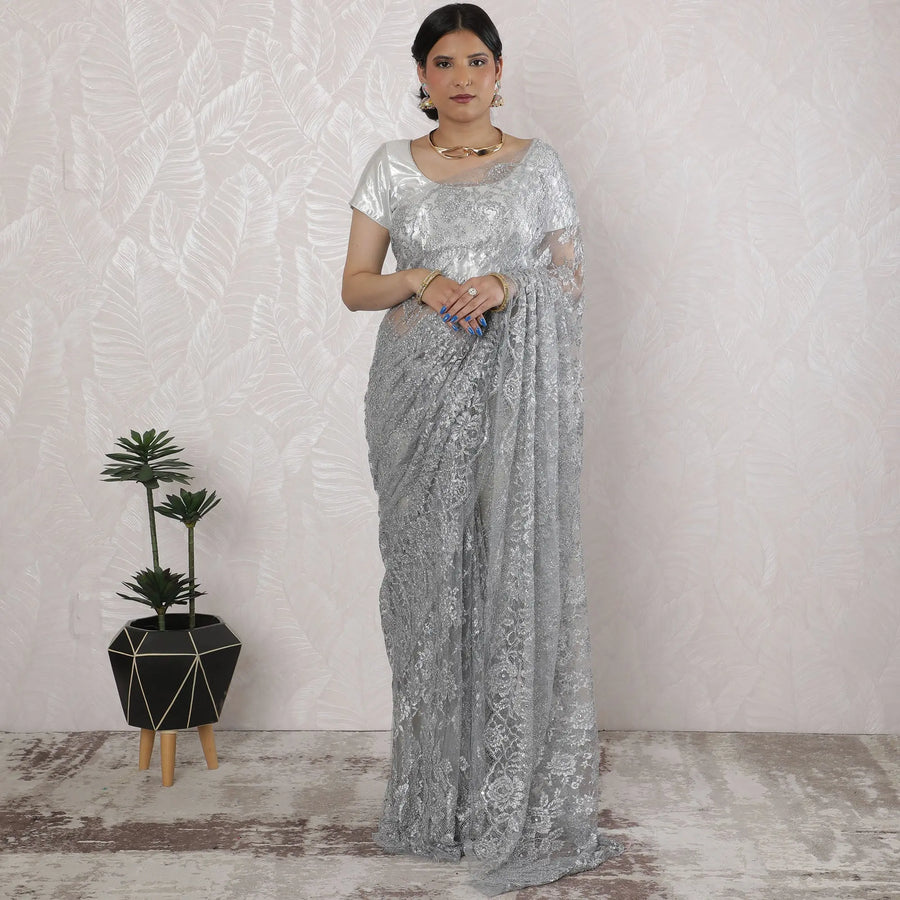 Elegant French Metallic Chantilly Lace Saree with Stone Work in Shimmering Silver - 5.5 Mtrs, 110 cm-D19533 Regal Fabrics