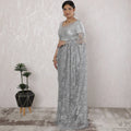 Elegant French Metallic Chantilly Lace Saree with Stone Work in Shimmering Silver - 5.5 Mtrs, 110 cm-D19533 Regal Fabrics