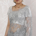 Elegant French Metallic Chantilly Lace Saree with Stone Work in Shimmering Silver - 5.5 Mtrs, 110 cm-D19533 Regal Fabrics