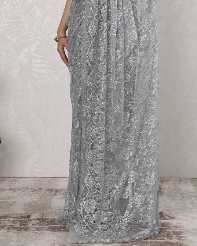 Elegant French Metallic Chantilly Lace Saree with Stone Work in Shimmering Silver - 5.5 Mtrs, 110 cm-D19533