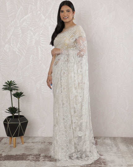 Elegant French Metallic Chantilly Lace Saree with Stone Work in Ivory White - 5.5 Mtrs, 110 cm-D19534