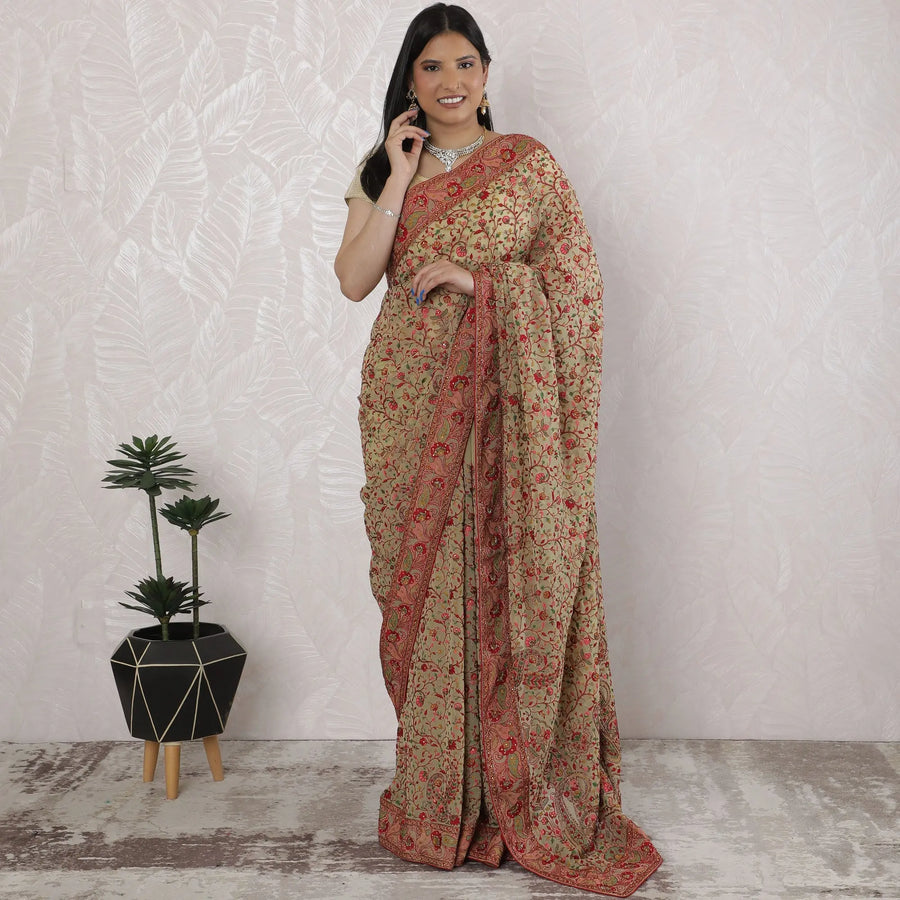 Elegant Georgette Saree with Kashmiri Embroidery in Beige and Red - 5.5 Mtrs, 110 cm-D19535 Regal Fabrics