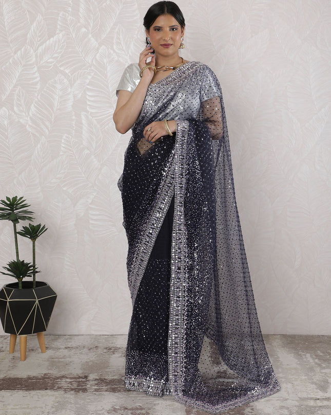 Elegant Tissue Saree with Sequins in Midnight Blue - 5.5 Mtrs, 110 cm-D19536