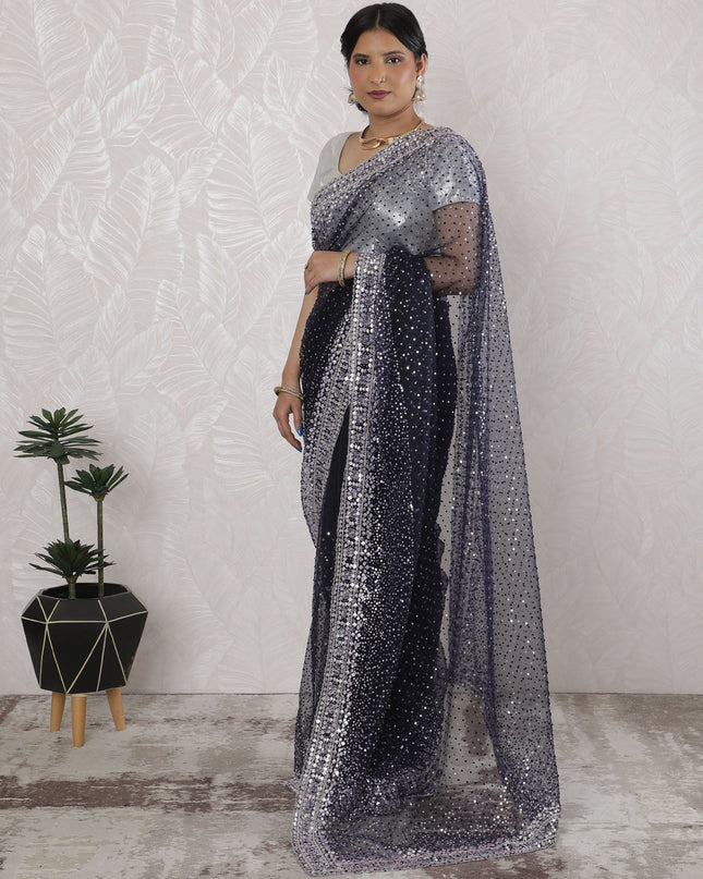 Elegant Tissue Saree with Sequins in Midnight Blue - 5.5 Mtrs, 110 cm-D19536