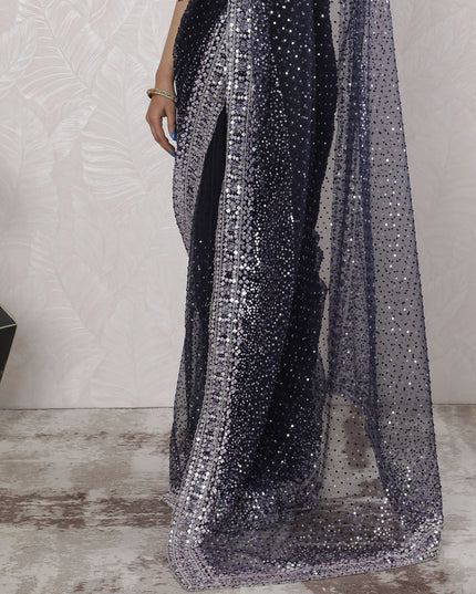 Elegant Tissue Saree with Sequins in Midnight Blue - 5.5 Mtrs, 110 cm-D19536