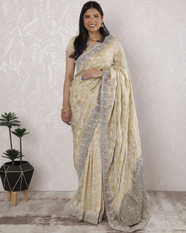 Elegant Georgette Saree with Banarasi Work in Ivory and Gold - 5.5 Mtrs, 110 cm-D19537 Regal Fabrics