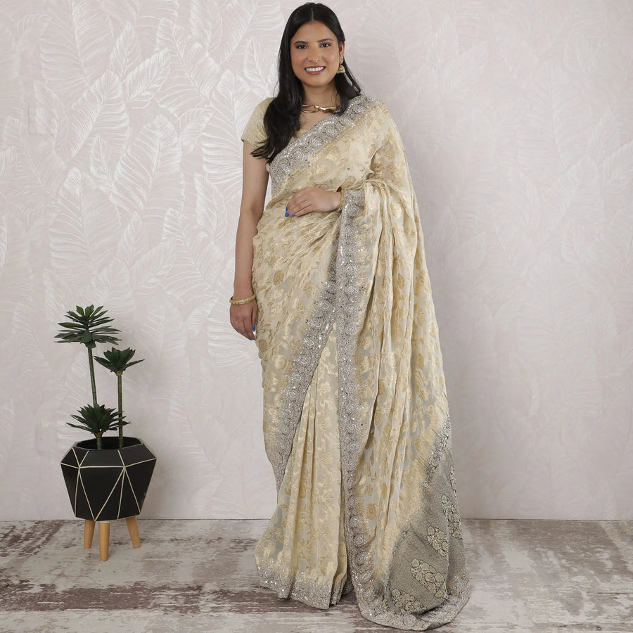 Elegant Georgette Saree with Banarasi Work in Ivory and Gold - 5.5 Mtrs, 110 cm-D19537 Regal Fabrics