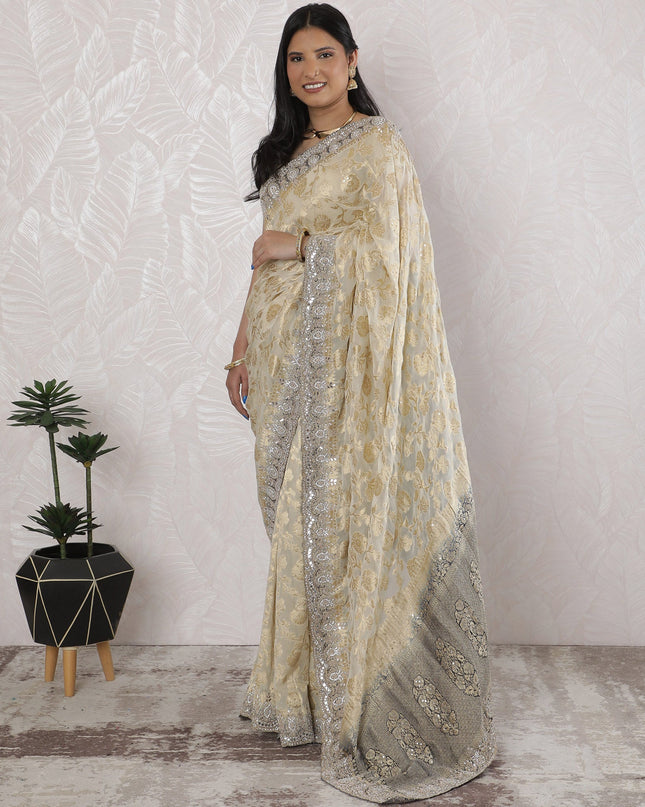 Elegant Georgette Saree with Banarasi Work in Ivory and Gold - 5.5 Mtrs, 110 cm-D19537 Regal Fabrics