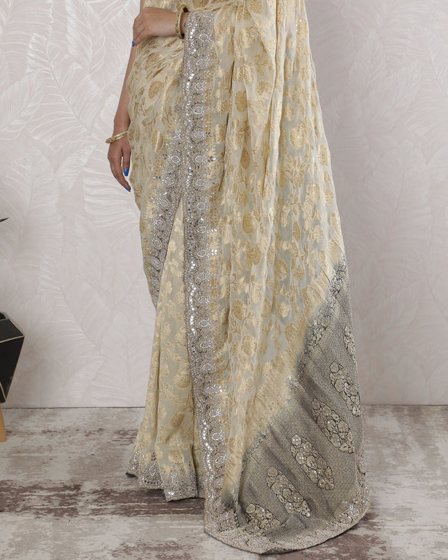 Elegant Georgette Saree with Banarasi Work in Ivory and Gold - 5.5 Mtrs, 110 cm-D19537 Regal Fabrics