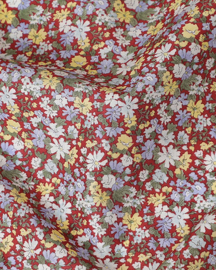 Vibrant Floral Cotton Lawn Fabric - Red with Multicolor Blossoms, 110 cm Wide, Japanese Design-D19538