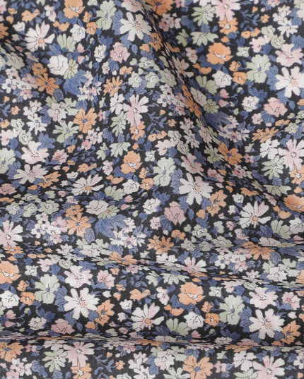 Elegant Floral Cotton Lawn Fabric - Black with Pastel Blossoms, 110 cm Wide, Japanese Design-D19539