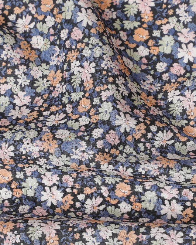 Elegant Floral Cotton Lawn Fabric - Black with Pastel Blossoms, 110 cm Wide, Japanese Design-D19539 Regal Fabrics