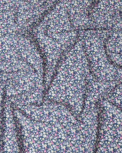 Charming Blue Floral Cotton Lawn Fabric with Pastel Blossoms, 110 cm Wide, Japanese Design-D19540