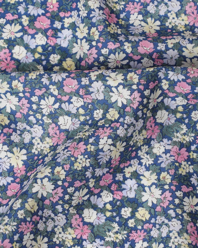 Charming Blue Floral Cotton Lawn Fabric with Pastel Blossoms, 110 cm Wide, Japanese Design-D19540