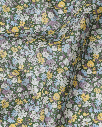 Lush Green Floral Cotton Lawn Fabric with Pastel Blooms, 110 cm Wide, Japanese Design-D19541