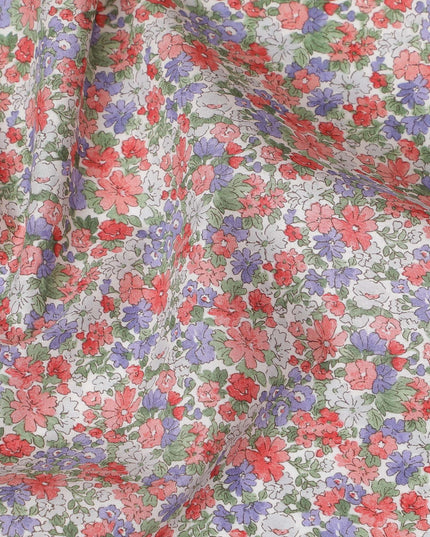 Delicate White Floral Cotton Lawn Fabric with Red and Lavender Blossoms, 110 cm Wide, Japanese Design-D19542